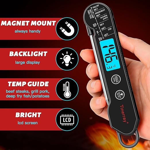 Digital Meat Thermometer for Cooking, Grilling & BBQ - Ultra-Fast Instant Read Thermometer with Waterproof Design,Backlight & Calibration - Perfect for Candy Making, Deep Frying, Turkey, Beef (Black)