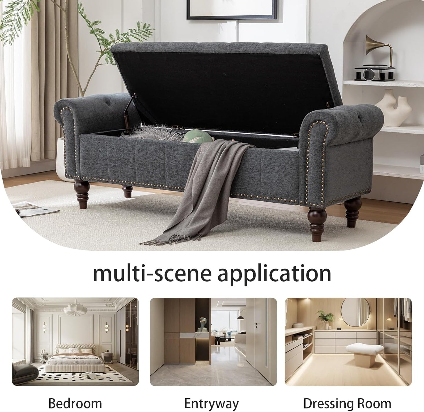 58’’ Storage Bench for Bedroom, Upholstered Button-Tufted Ottoman with Solid Wood Legs, Large End of Bed Shoe Cabinet, Window Seat Foot Rest Stool for Entryway, Closet, and Living Room (Dimgray)