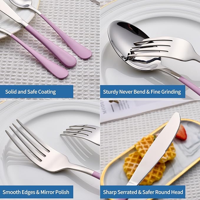 20-Piece Light Purple Silverware Set, 18/0 Stainless Steel Purple Handle Flatware Set, Service for 4, Modern Cutlery Set Includes Dinner Knives Forks Spoons, Mirror Polished, Dishwasher Safe