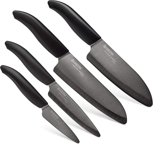 Kyocera’s Revolution 4-Piece Ceramic Knife Set: Chef Knife For Your Cooking Needs, Includes 6"Chef's Santoku, 5.5" Santoku, 4.5" Utility & 3" Paring Knives, Black