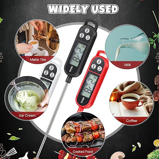 12 Pcs Instant Read Meat Thermometer with Long Probe 9.65 Inch Kitchen Cooking Food Candy Waterproof Digital Thermometer for BBQ Water Milk Yogurt Liquid Cooking (Black,White,Red)