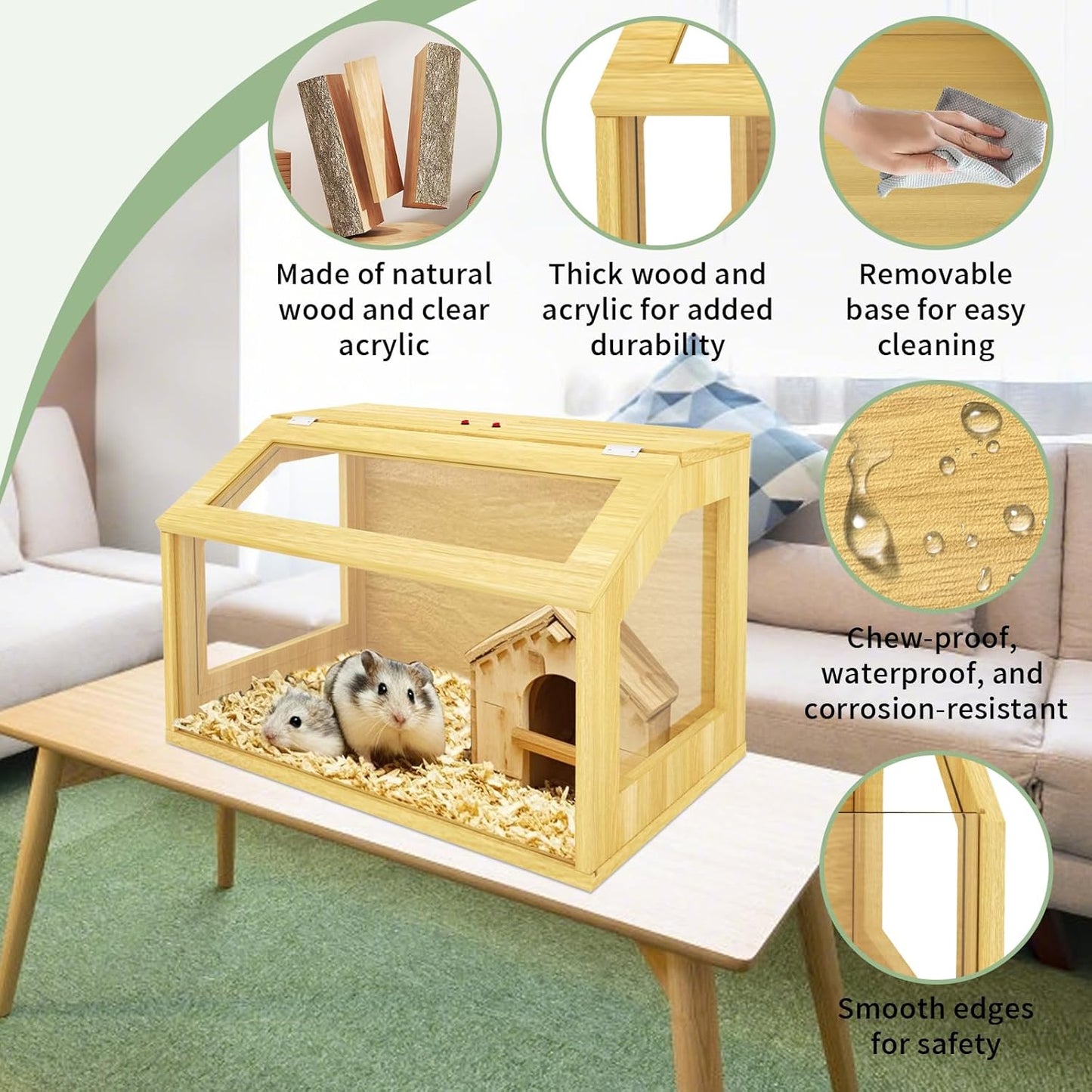 24" Wooden Hamster Cage, Chewproof Gerbil Cages and Habitats, Openable Top Roof Window with Silencing Pad, Guinea Pig Cage for Small Animals, Dwarf and Syrian Hamster, 24 x 16 x 16 Inches