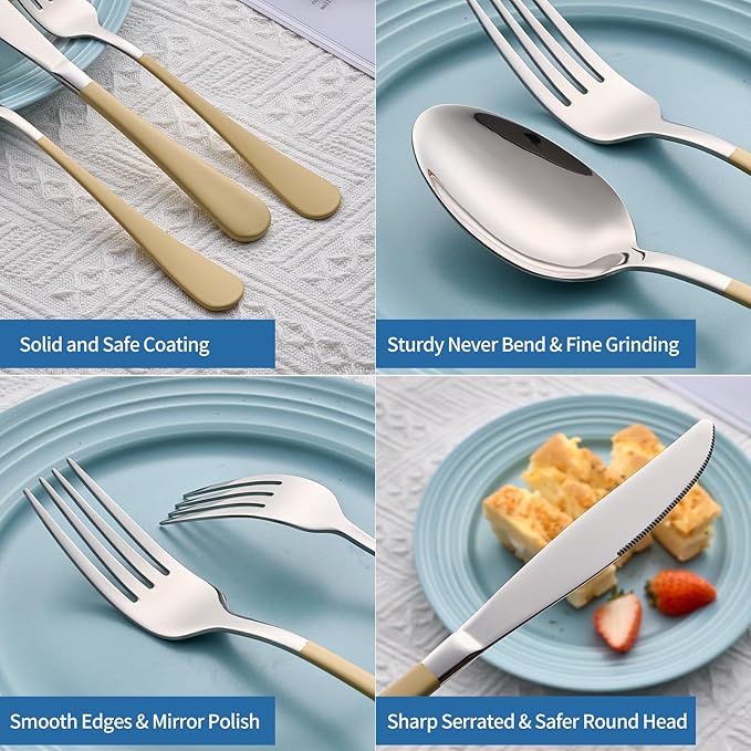 20-Piece Cream Color Silverware Set, 18/0 Stainless Steel Cream Color Handle Flatware Set, Service for 4,Modern Cutlery Set Includes Dinner Knives Forks Spoons,Mirror Polished,Dishwasher Safe