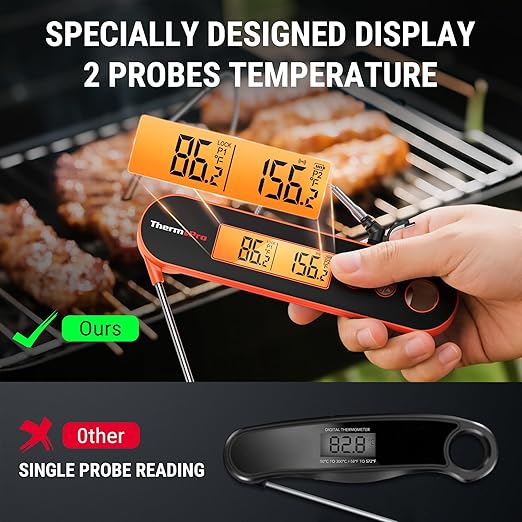 ThermoPro 2 Probes Meat Thermometer with Alarm, Rechargeable Instant Read Food Thermometer, Rotating LCD Screen, Waterproof Cooking Thermometer for Grilling, Smoker, BBQ, Oven