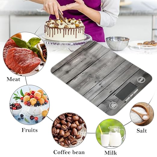 Digital Food Scale Rustic Wood Grey – Fashion Design, 11lb/0.01oz, Tempered Glass, Kitchen Scales with LCD Display for Baking & Cooking, Batteries Not Included