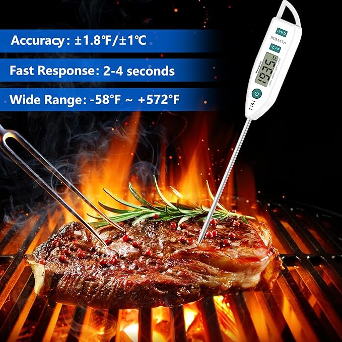 BOMATA Waterproof IPX7 Thermometer for Water, Liquid, Candle and Cooking. Instant Read Food Thermometer with Long Probe for Cooking, Meat, BBQ! T101 White