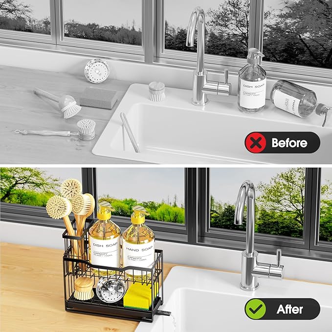 2-Tier Rustproof Kitchen Sink Caddy with Self-Draining Tray, Dish Brush & Sponge Holder, Non-Slip Base - Black