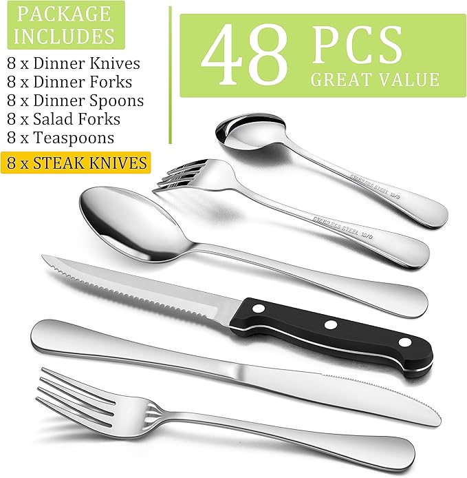 HaWare 48-Piece Silverware Set with Steak Knives, Stainless Steel Flatware Set for 8, Mirror Polished Cutlery Tableware Set, Eating Utensils Include Knife Fork Spoon for Home Kitchen, Dishwasher Safe