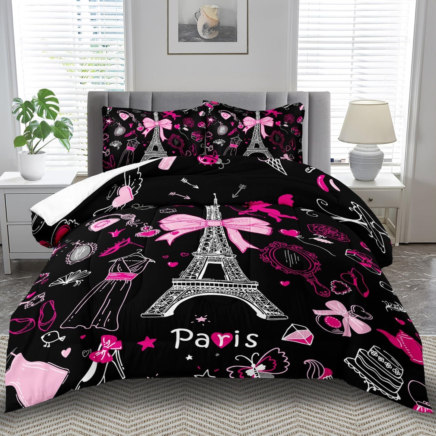 Eiffel Tower Comforter Set King Size,Eiffel Tower Bedding Set for Girls, Pink and Black Paris Themed Comforter Bedroom Decor,Paris Quilt French Style Romantic Bedding