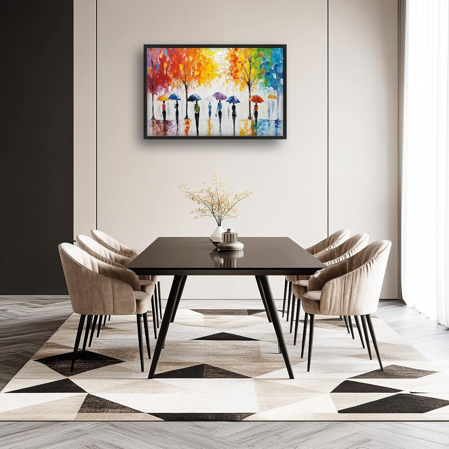 Large Abstract Tree Wall Art for Living Room, Framed Oversized People with Colorful Umbrella Wall Decor Street Canvas Painting Modern Artwork for Living Room Bedroom Office Dining Room 36"x24"