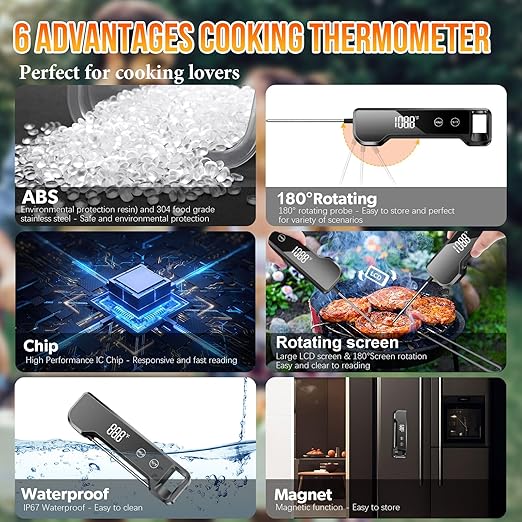 Meat Thermometer Digital Instant Read Food Thermometer for Cooking, Waterproof Kitchen Thermometers with Backlight, Magnet, Auto-Rotating, BBQ Thermometer for Grill Smoker Oil Fry Candy Thermometer