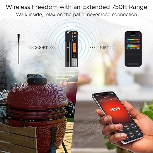 CulinaMeter One: 750FT Wireless Meat Thermometer with LCD Screen, Digital Cooking Food Thermometer for Beef Lamb Turkey, Dual Sensor Measures Internal & Ambient Temp