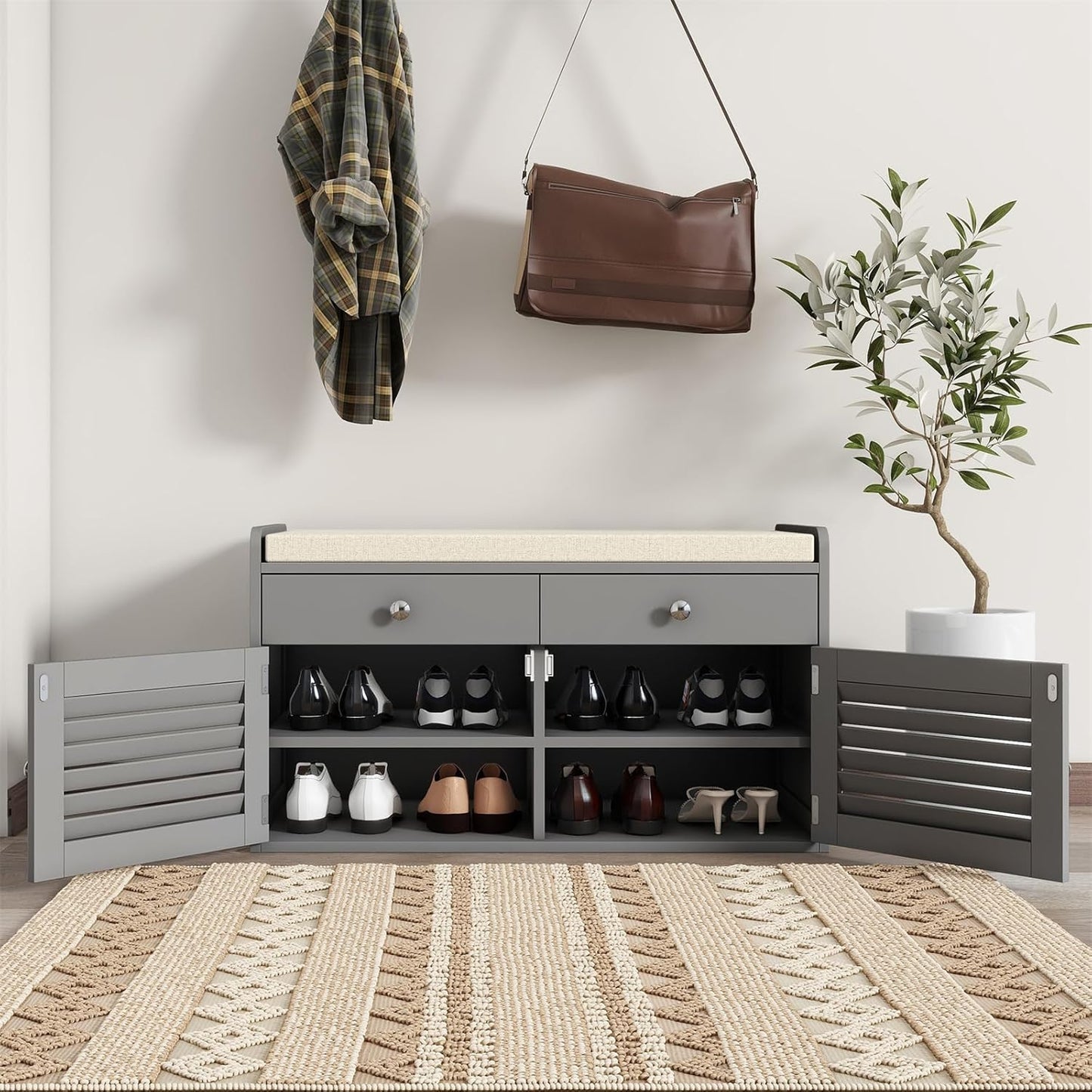 Shoe Storage Bench with 2 Drawers & 2 Doors, Entryway Bench with Cushion, 2 Adjustable Shelves, Shoe Cabinet for Entryway, Living Room, Hallway, Mudroom, Bedroom, Grey