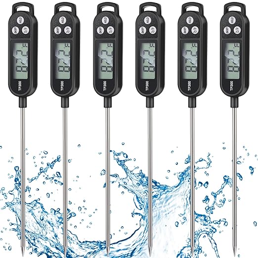 6 Pcs Instant Read Meat Thermometer with Long Probe 9.65 Inch Kitchen Cooking Food Candy Waterproof Digital Thermometer for BBQ Water Milk Yogurt Liquid Cooking(Black)