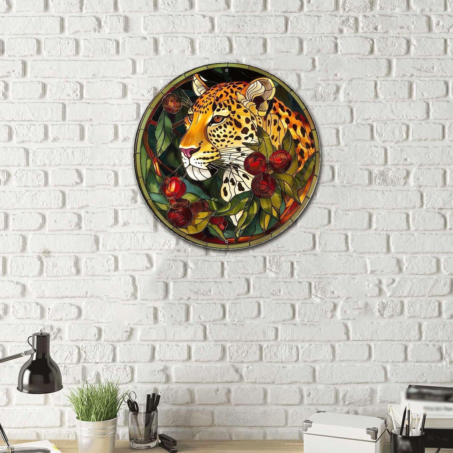 Lygond Metal Sign Tin Sign Circular Stained Glass Leopard Bathroom Signs For Home For Club 12×12 Inches