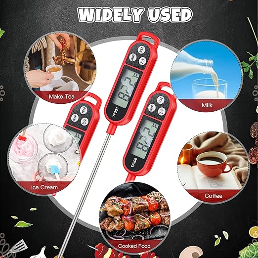 6 Pcs Instant Read Meat Thermometer with Long Probe 9.65 Inch Kitchen Cooking Food Candy Waterproof Digital Thermometer for BBQ Water Milk Yogurt Liquid Cooking(Red)