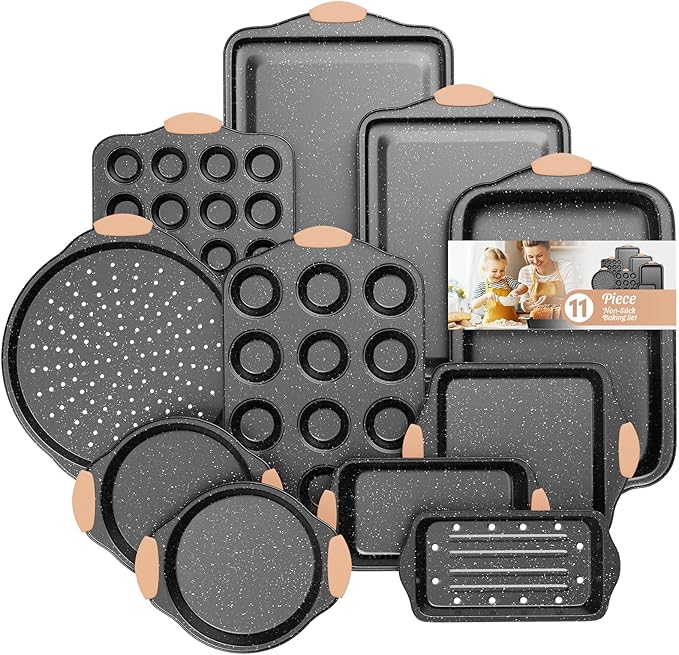 11-Piece Baking Pans Set, Nonstick Bakeware Sets, Oven Pans for Baking with Silicone Handles, Includes Cookie Sheet, Cake Pans, Loaf Pan, Pizza Pan, Muffin Pan, Khaki&Black