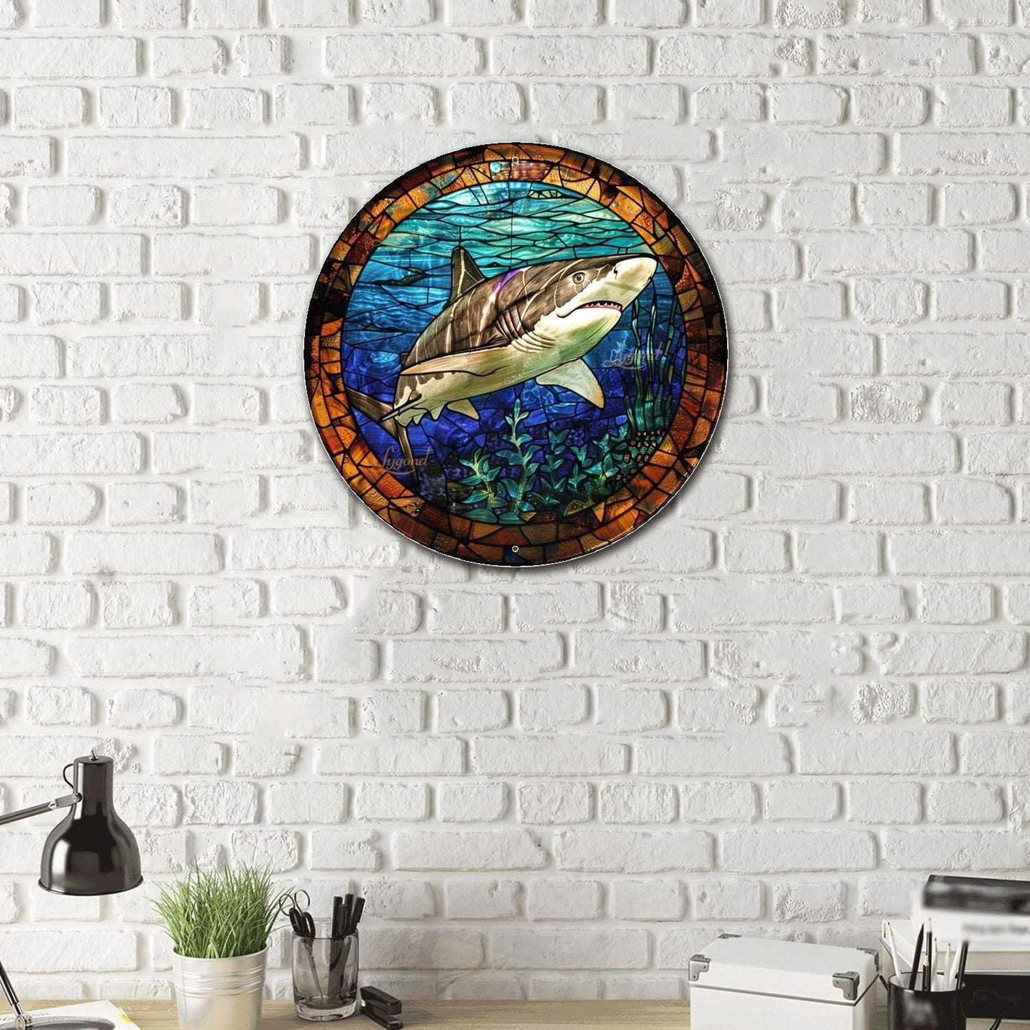 Lygond Metal Sign Tin Sign Circular Stained Glass Shark Vintage Decor For Club 12×12 Inches