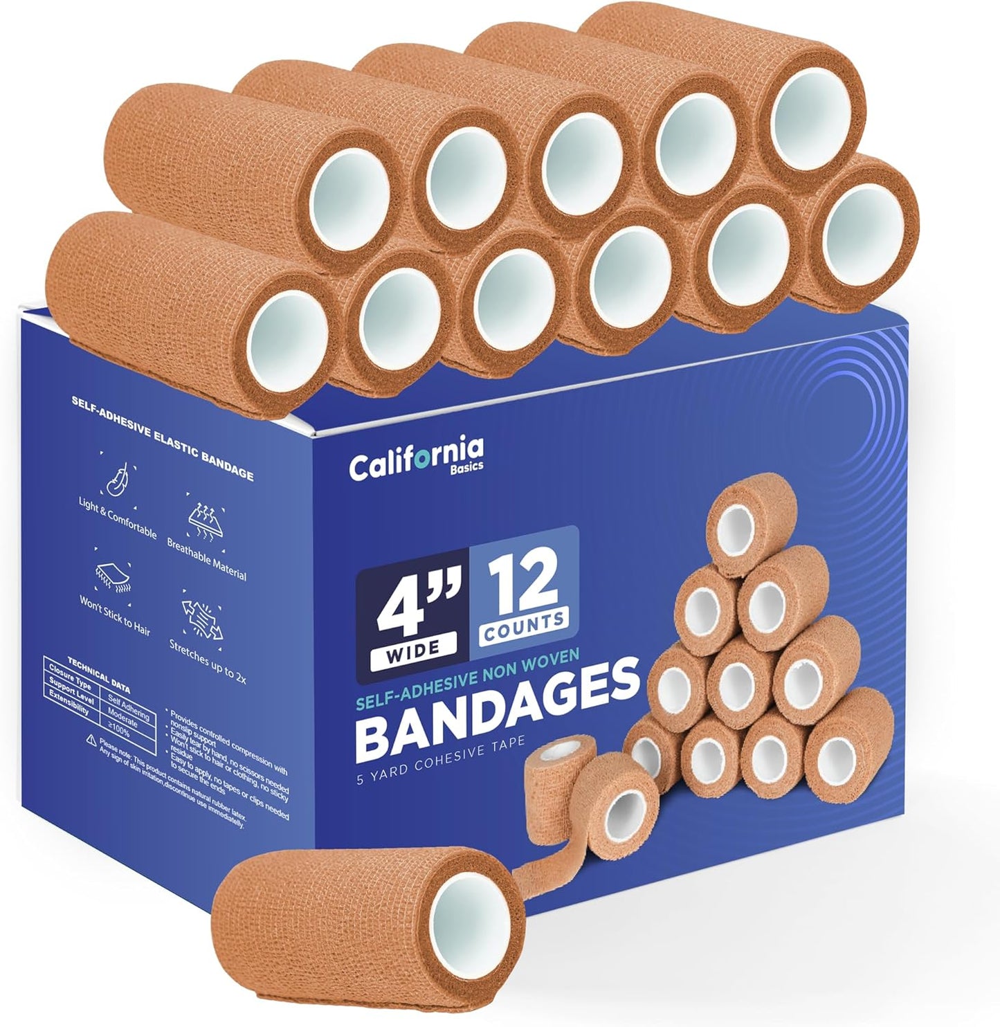 Self-Adhesive Bandage Wrap - Suitable for All Sports - Breathable Athletic Tape for Wrists - Knee and Ankle - Self Adhesive Bandage- 4 Inch- 12 Pack - Brown