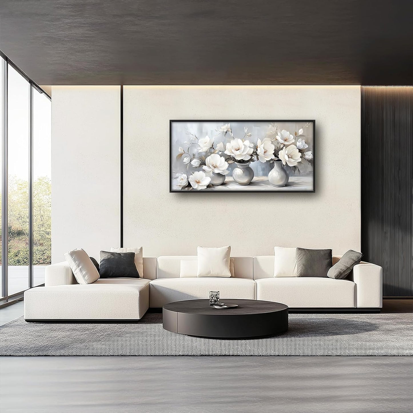 Large Farmhouse Floral Wall Art for Living Room, Framed Oversized White Flower Vase Wall Decor Grey Floral Canvas Painting Pictures Modern Artwork for Bathroom Bedroom Office Dining Room 60"x30"