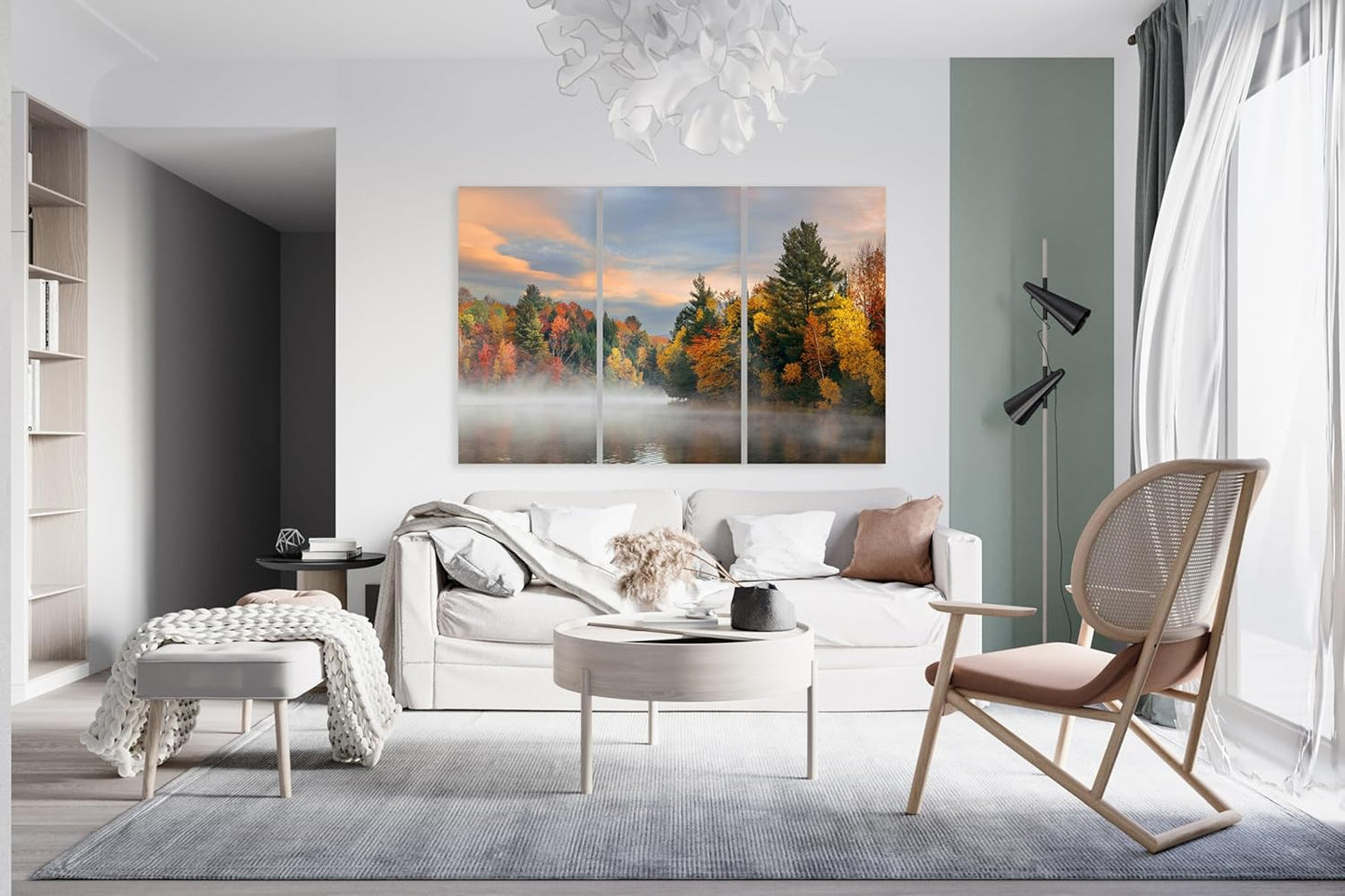 Nature Wall Art Prints - Ocean Forest Mountain Lake Canvas Landscapes - Small to Extra Large Living Room Bedroom Kitchen Bathroom Décor (Misty Fall Reflection, 35L" x 53W" - 3 Panels)