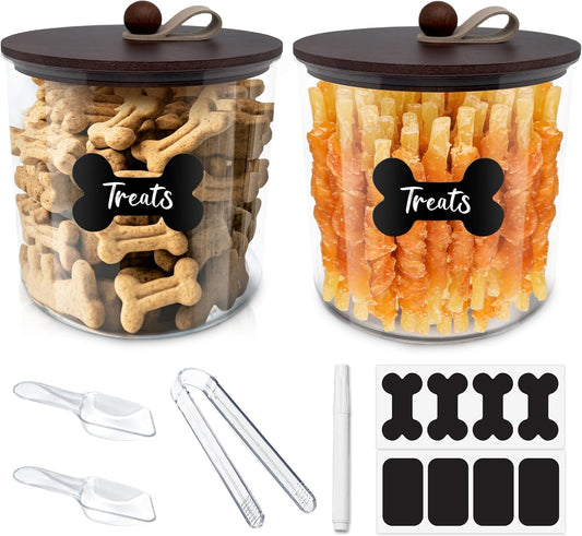 2 Pack Airtight Dog Food Storage Container,Dog Treat Container Dog Treat Jar with Wood Lids 6x5'',Pet Food Storage Container,Cat Food Container with Scoops,Food Tong,Labels,Pen