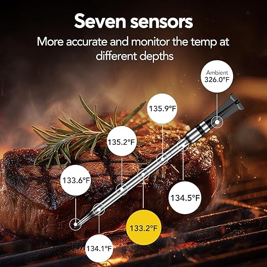 WiFi Sub-1g Wireless Meat Thermometer Unlimited Range, Check Temp Anywhere,7 NIST Certified Sensors with Ambient Temp Smart Digital Base,Monitor for BBQ, Grill,Oven, Smoker. (1, Black, Small)