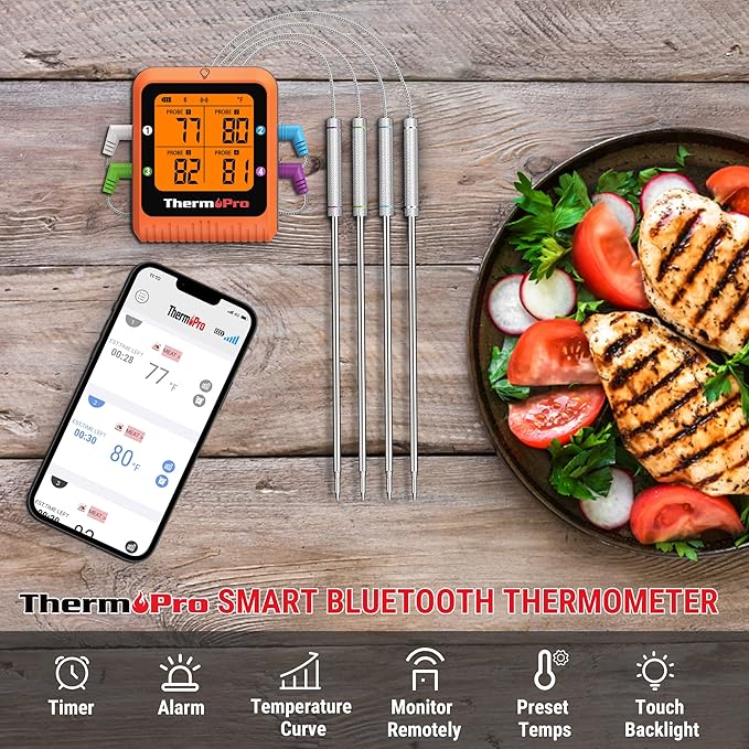 ThermoPro 650 ft Bluetooth Meat Thermometer with 4 Color-Coded Probes, Wireless Meat Thermometer Digital Wireless with Timer, Commercial Cooking Tools & Utensils Rechargeable for Smoker Oven