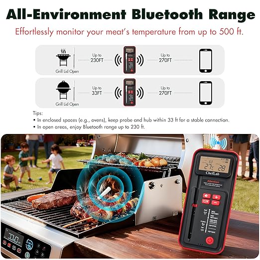 AI Digital Meat Thermometer, 500 ft Long Range Bluetooth Grill Thermometer for Smoker, Oven, BBQ, Digital Food Thermometer for Kitchen Cooking (Single Probe)
