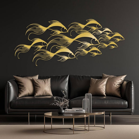 School of Fish Metal Wall Art, Metal Fish Wall Decor, Sea Life Wall Art, Large Nautical Wall Hanging, Modern Beach House Wall Decor, Ocean Themed Artwork for Bathroom (Gold, 59"x25" | 150x64cm)