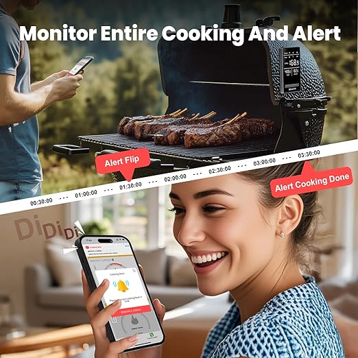 WiFi Sub-1g Wireless Meat Thermometer Unlimited Range, Check Temp Anywhere,7 NIST Certified Sensors with Ambient Temp Smart Digital Base,Monitor for BBQ, Grill,Oven, Smoker. (1, Black, Small)