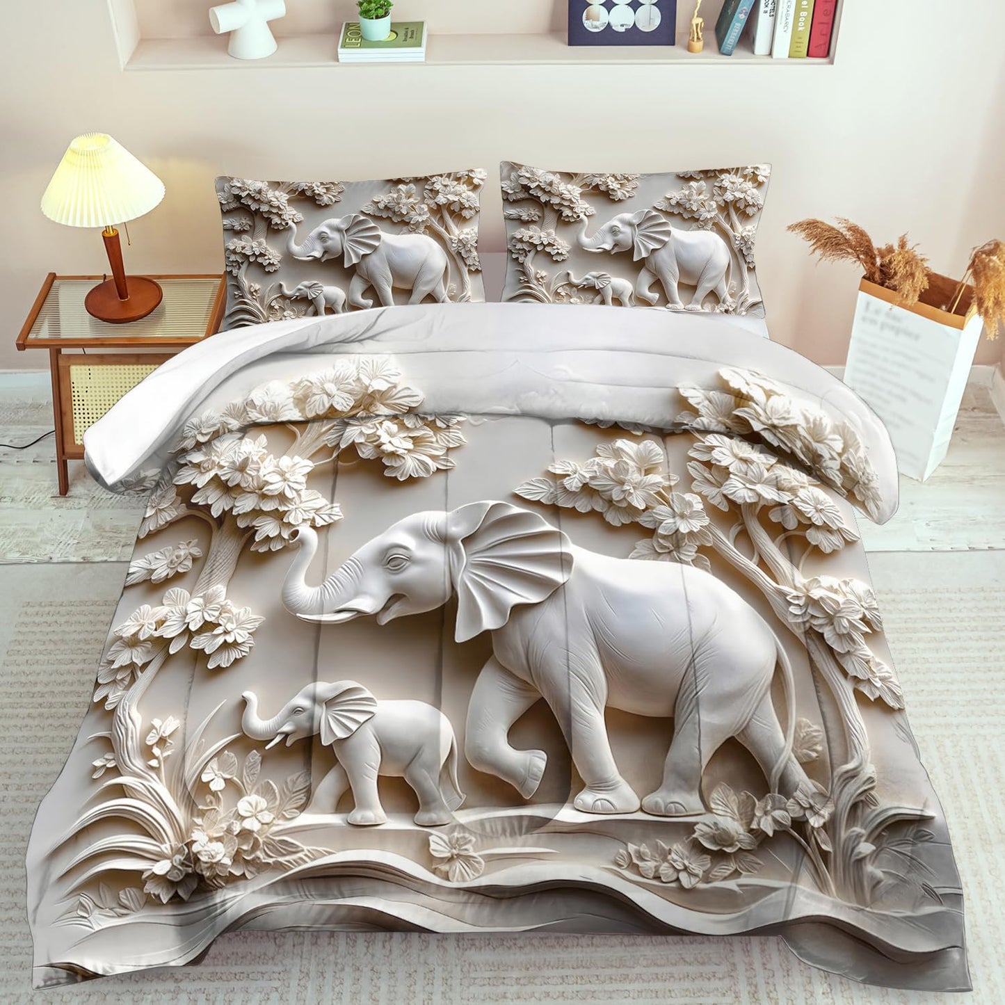 Elephant Comforter Set Full Adult, White Animal Bedding Set Full for Man, Cute Animal Comforter for Kids,Elephant Quilt Pattern White Bedroom Decor Womens, Relief Bedding