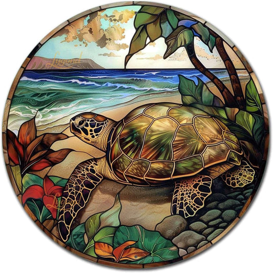 Lygond Metal Sign Tin Sign Circular Stained Glass Turtle Decor Outdoor for Yard 8×8 Inches