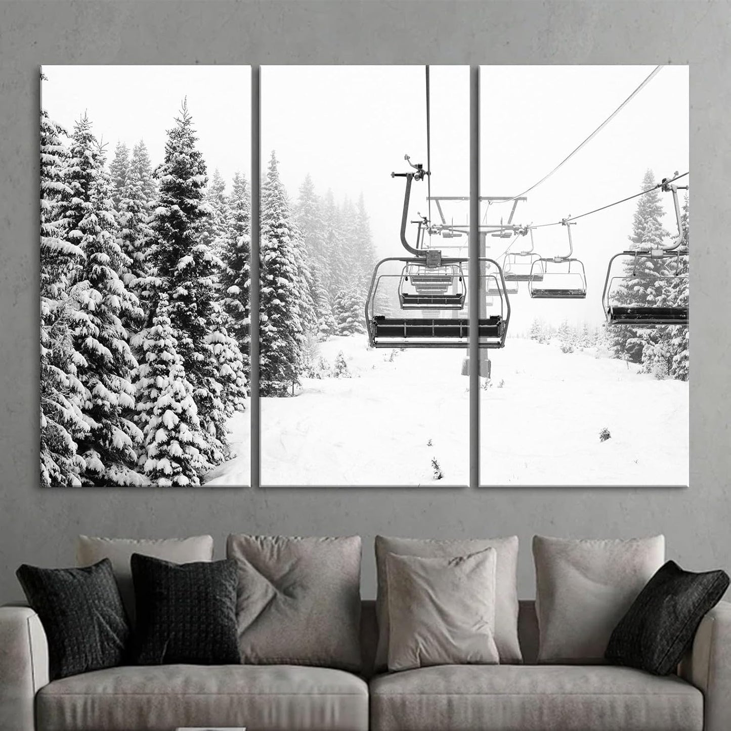 Nature Wall Art Prints - Ocean Forest Mountain Lake Canvas Landscapes - Small to Extra Large Living Room Bedroom Kitchen Bathroom Décor (Ski Lift on Snowy Mountain, 55L" x 83W"- 3 Panels)