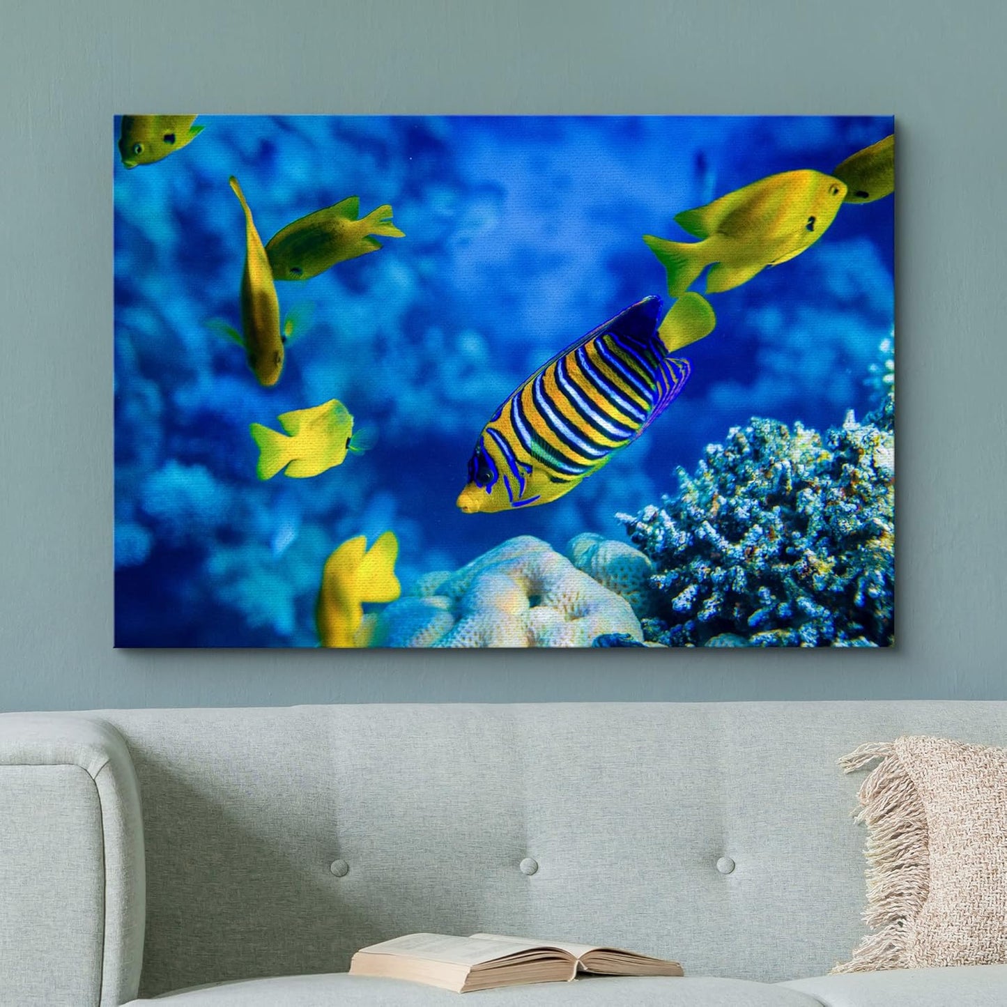 wall26 Canvas Print Wall Art Striped Yellow Tropical Fish Coral Reef Sea Nature Animals Photography Realism Rustic Scenic Landscape Wilderness Colorful for Living Room, Bedroom, Office - 24"x36"
