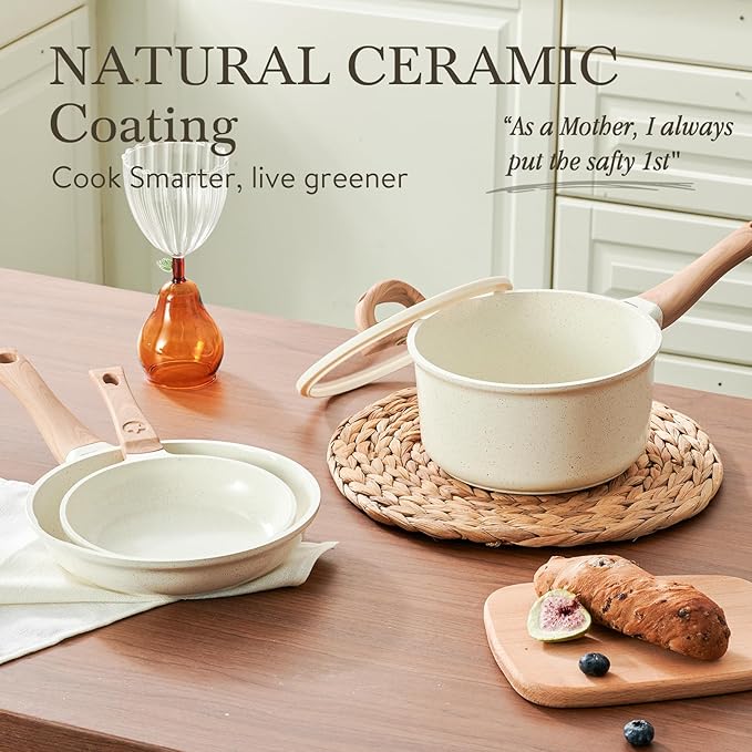 22 Pcs Pots and Pans Set Non Stick Non-Toxic Ceramic Kitchen Cookware Sets Nonstick Pot&Pan With Lid Cream White Granite Induction Compatible with Glass Lids Crepe