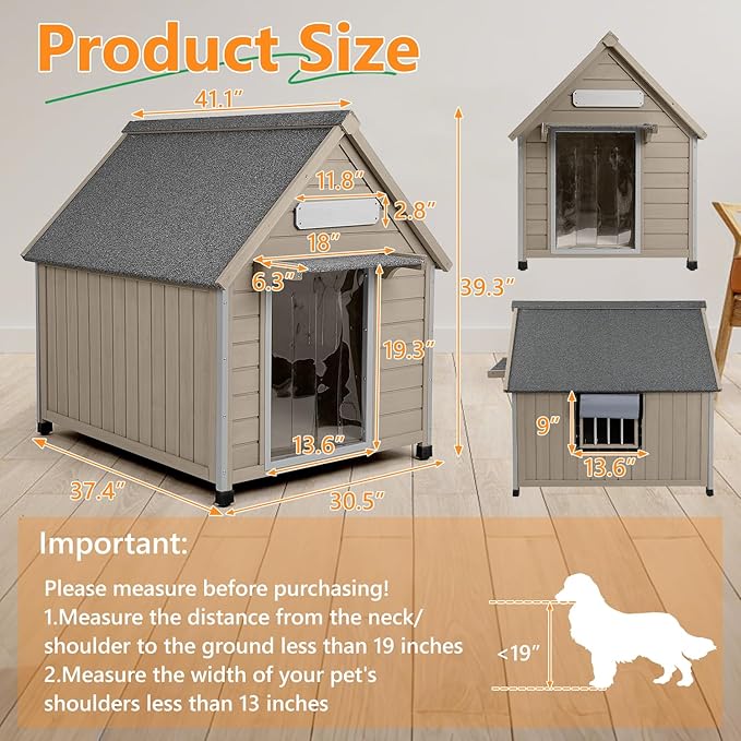 Large Dog House Outdoor Weatherproof, Wooden Dog Kennel Shelter with Anti-Chewing Iron Frame, Removable Floor for Medium to Large Dogs, Easy Clean and Assemble (30.5" L*37.4" W*39.3" H)