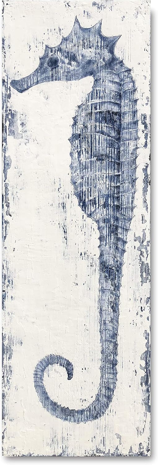 Yihui Arts, Seahorse Hand-Painted Wall Art on Canvas Abstract Artwork Art Wood Stretched Hanging Wall Decoration Sea Style Blue Painting for Home Decor