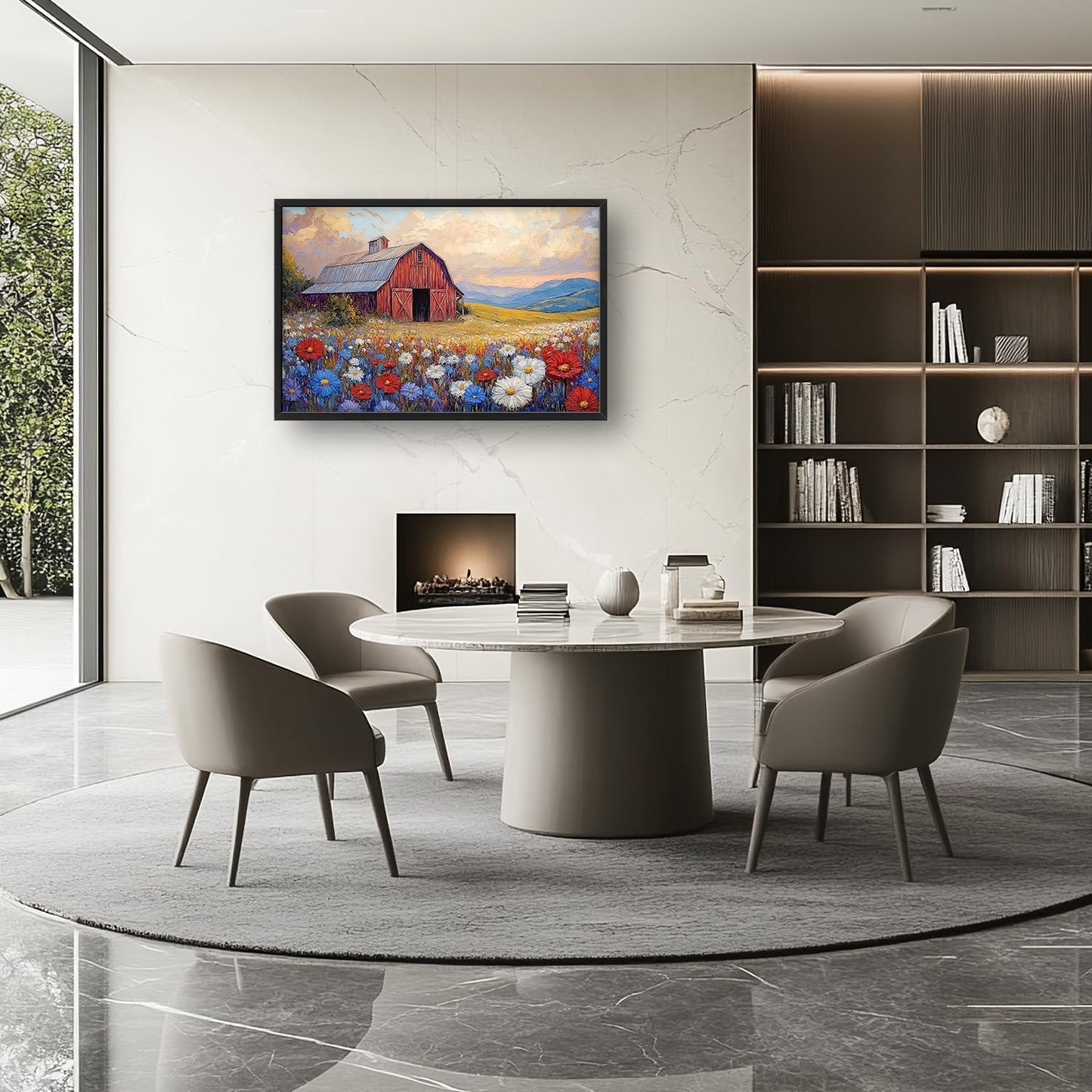 Large Farmhouse Barn Daisy Wall Art for Living Room, Floral Landscape Canvas Oversized Wall Decor, Flower Scenery Framed Pictures Painting Print Artwork for Bedroom Office 36"L x 24"W