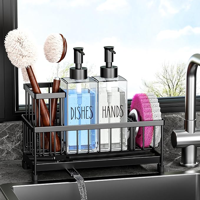 Cisily Dish Soap Dispenser, 12 fl oz Dual Kitchen Soap Dispensers with Sponge Holder, Plastic Pump Clear Glass Bottle Kitchen Soap Dispenser Set, Modern Hand and Dish Soap Bottle Set Removable