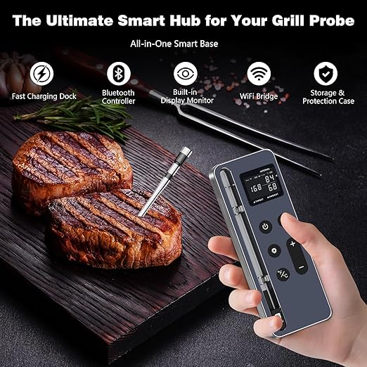 Smart Bluetooth Wireless Meat Thermometer – Wireless Smart Digital Meat Thermometer for Grilling, BBQ, Oven, Smoker, Air Fryer, and Kitchen – Great for Steak, Chicken, Turkey-Black