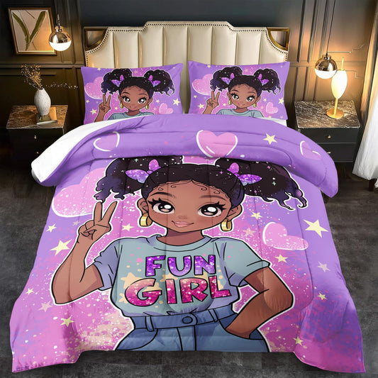 African American Black Girl Comforter Set Twin Size,Cute Black Girl Bedding Set Twin for Kids,Kawaii Heart Comforter Purple Bedding Decor for Teen,Purple Bed Quilt