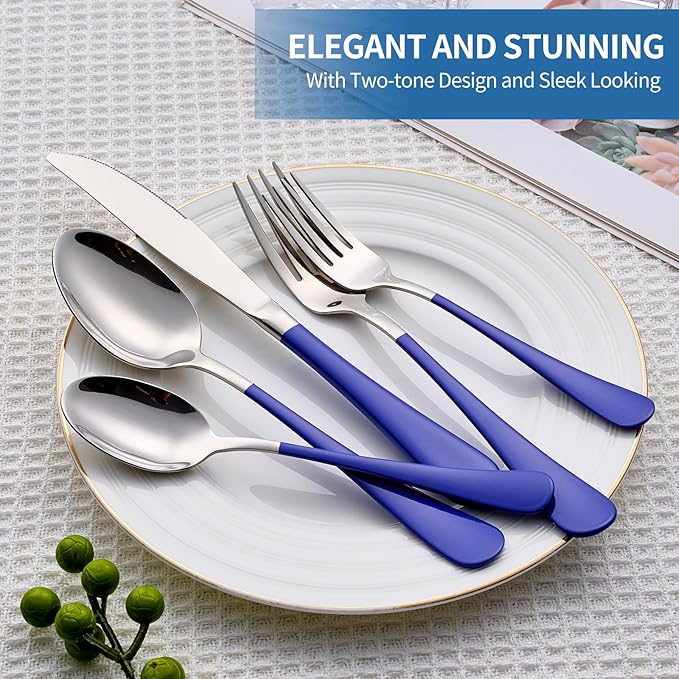20-Piece Blue Silverware Set, 18/0 Stainless Steel Blue Handle Flatware Set, Service for 4, Modern Cutlery Set Includes Dinner Knives Forks Spoons, Mirror Polished, Dishwasher Safe
