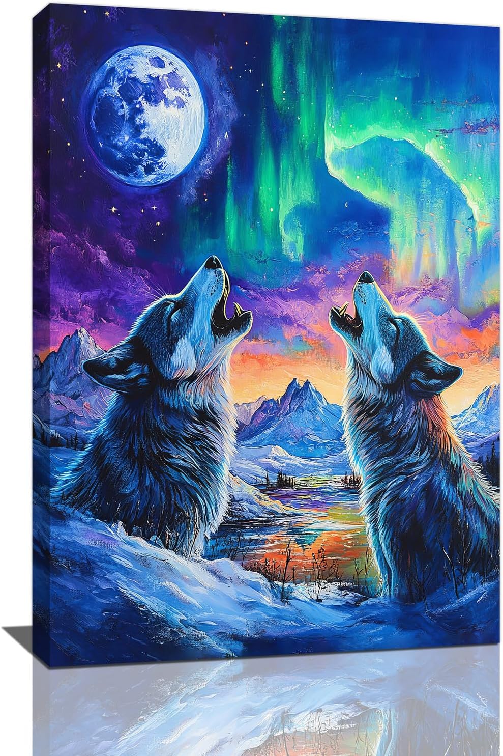 Wolf Wall Art Wolves Canvas Wall Decor Prints Framed Painting Aurora Pictures Gifts Artwork for Bathroom Bedroom Living Dining 16"x24"
