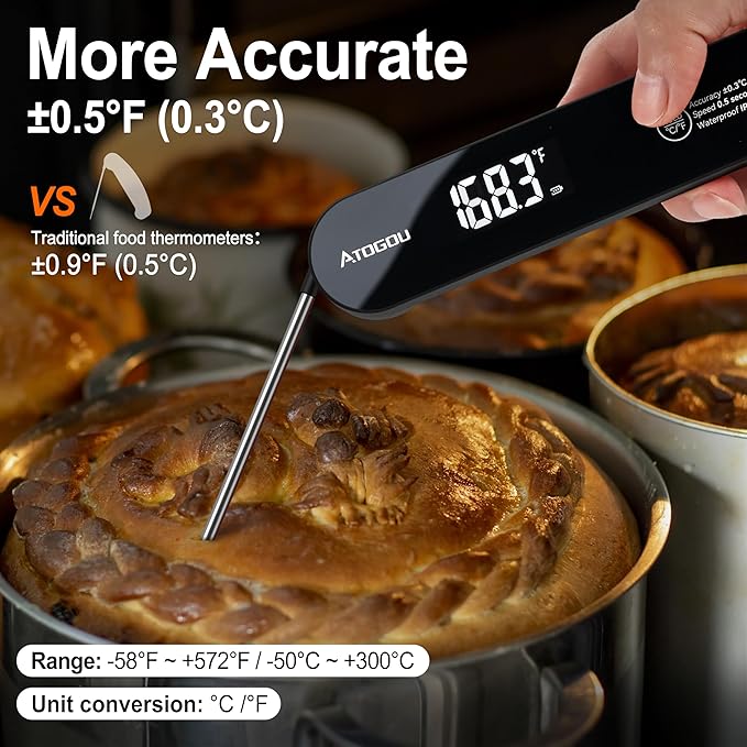 The Latest Thermocouple Food Thermometer. Faster: <1 Second Response time. More Accurate: ±0.5°F (0.3°C), IPX7 Waterproof, for Meat/Candy/Grill/BBQ etc. TH-22 Black