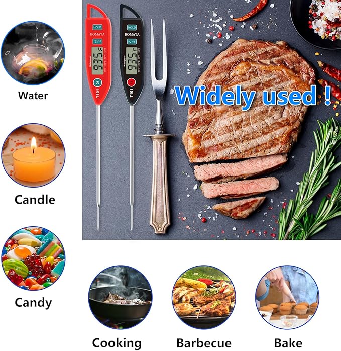 BOMATA 2 Pack Waterproof IPX7 Meat Thermometer Instant Read Food Thermometer with Long Probe for Water, Liquid, Kitchen Cooking, Grill,BBQ ! T101 X 2 Pcs (Black & Red)…