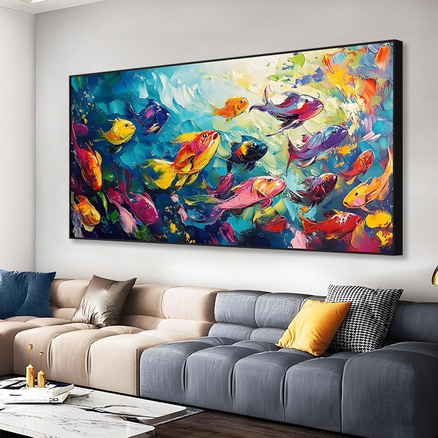 School of Fish Printed Canvas Wall Art – Framed Abstract Ocean Print – Vibrant Fish Wall Decor for Living Room, Bedroom, Office (Black Framed, 39"x19"|100x50cm)