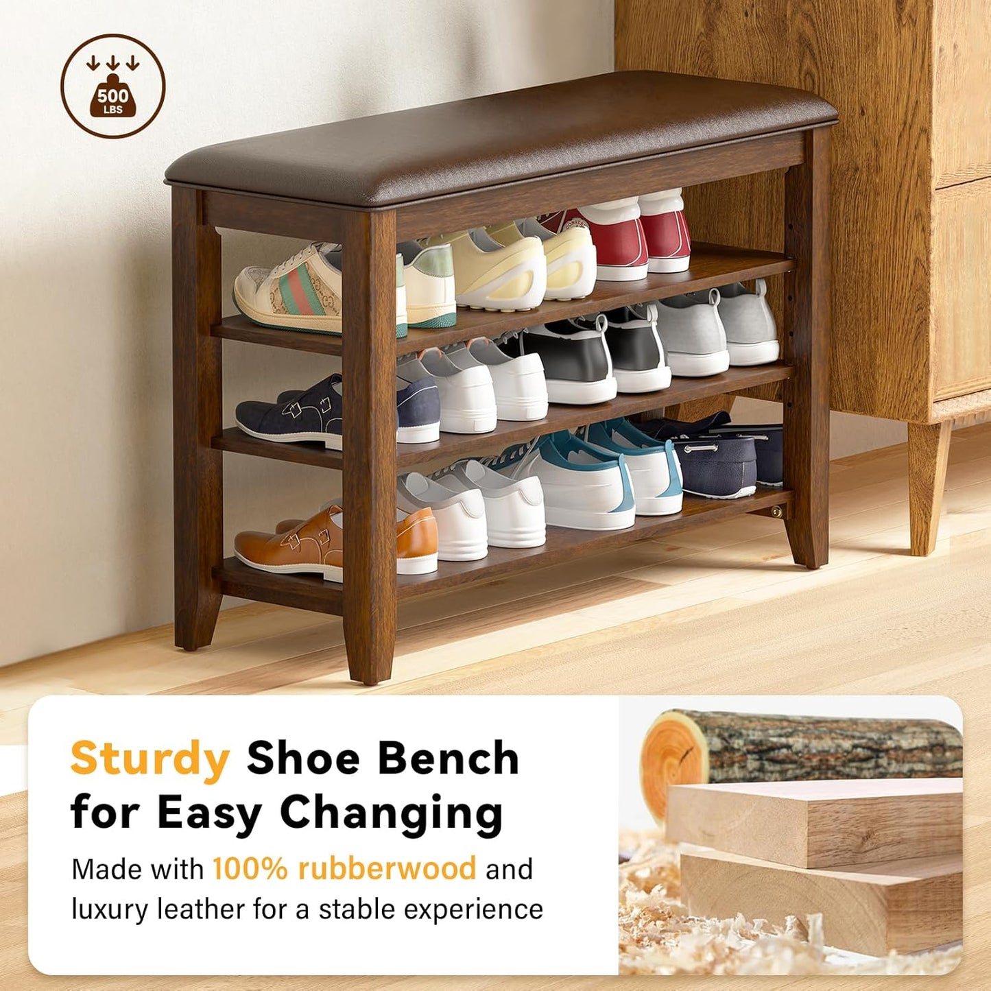 Shoe Bench Storage Rubberwood with Leather Cushion for Entryway Bench Ideal for Hallways Shoe Rack Front Doors Entrances Mudrooms Featuring 3 Height-Adjustable and Removable Shelves
