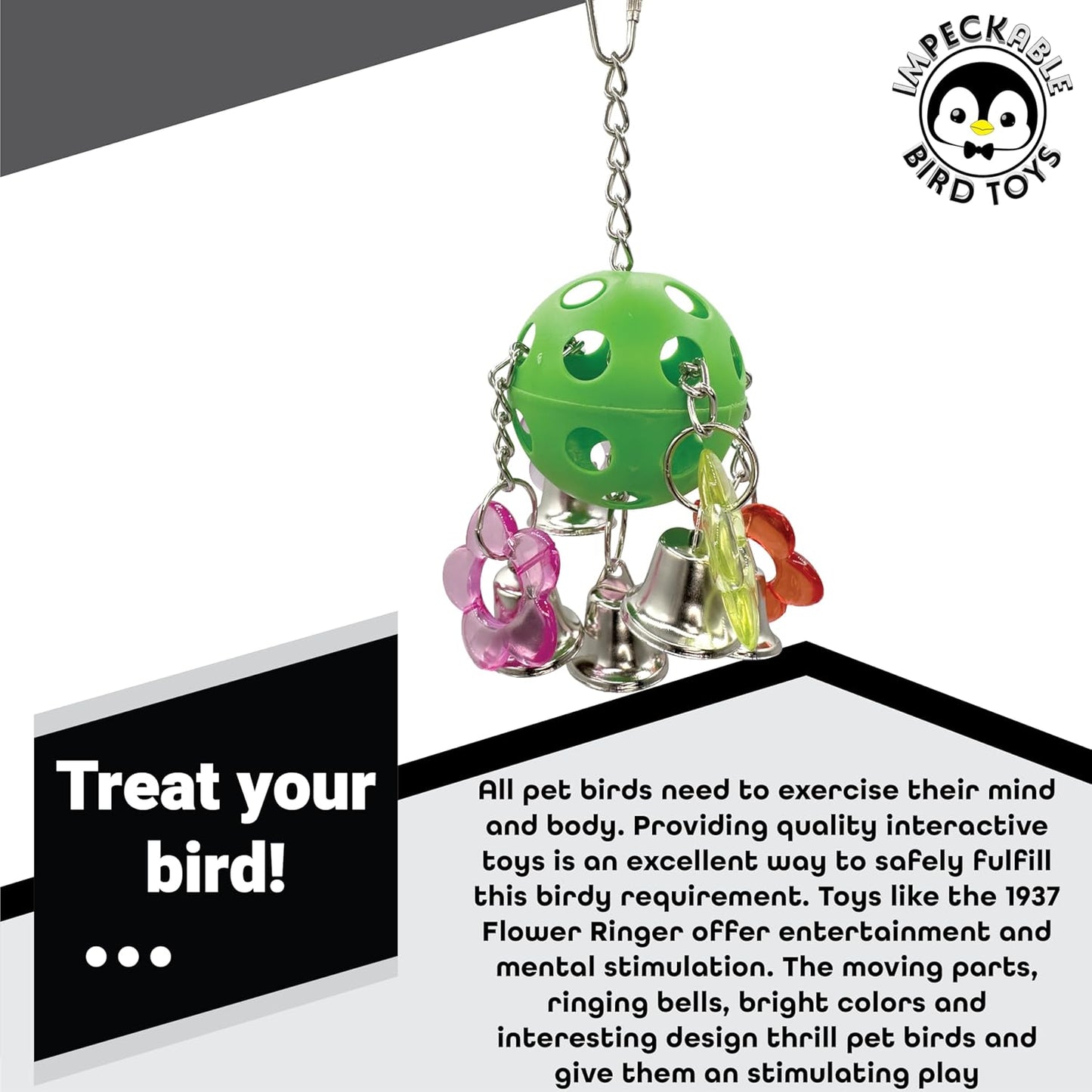 1937 Flower Ringer with Acrylic Flowers, Bells and Chain Links – Handcrafted Great for Conures, African Greys, Amazons and Medium Size Birds