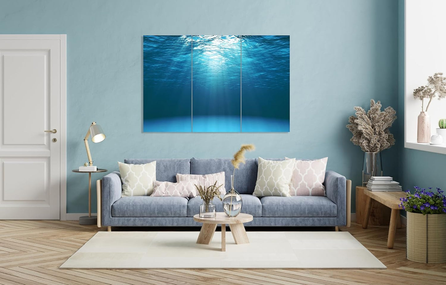 Nature Wall Art Prints - Ocean Forest Mountain Lake Canvas Landscapes - Small to Extra Large Living Room Bedroom Kitchen Bathroom Décor (Sun Rays Under Water, 55L" x 83W"- 3 Panels)